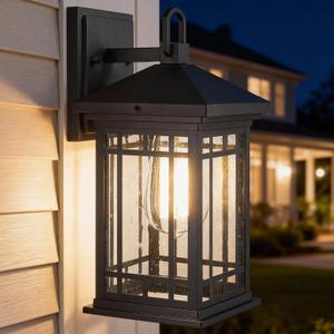 Outdoor Porch Lights Wall Mount, 2 Pack 12.4 Inch Outdoor Wall Lantern With E26 Sockets & Seeded Glass, Classic Exterior Lighting Fixtures, Waterproof Black Porch Light Fixtures For House, Garage