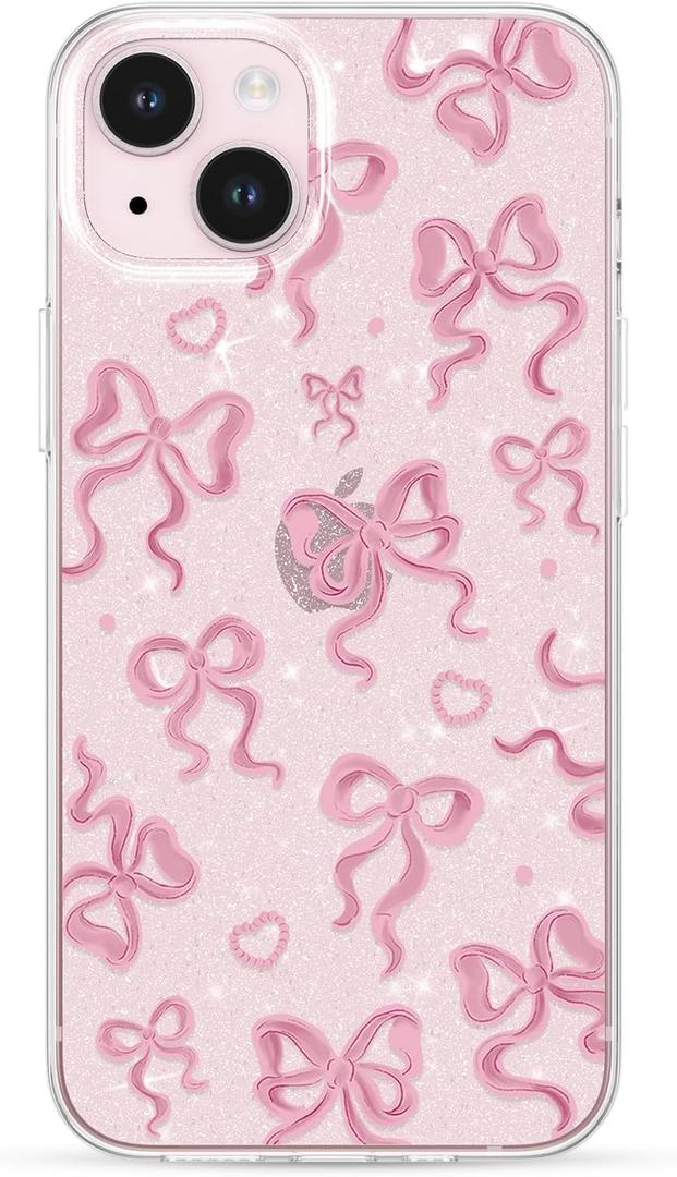 ZTOFERA for iPhone 15 Case Glitter,Cute Clear Ribbon Bow Tie Aesthetic Phone Case,Sparkly Bling Trendy Soft Shockproof Protective Phone Cover for Women Girls,Rose Pink