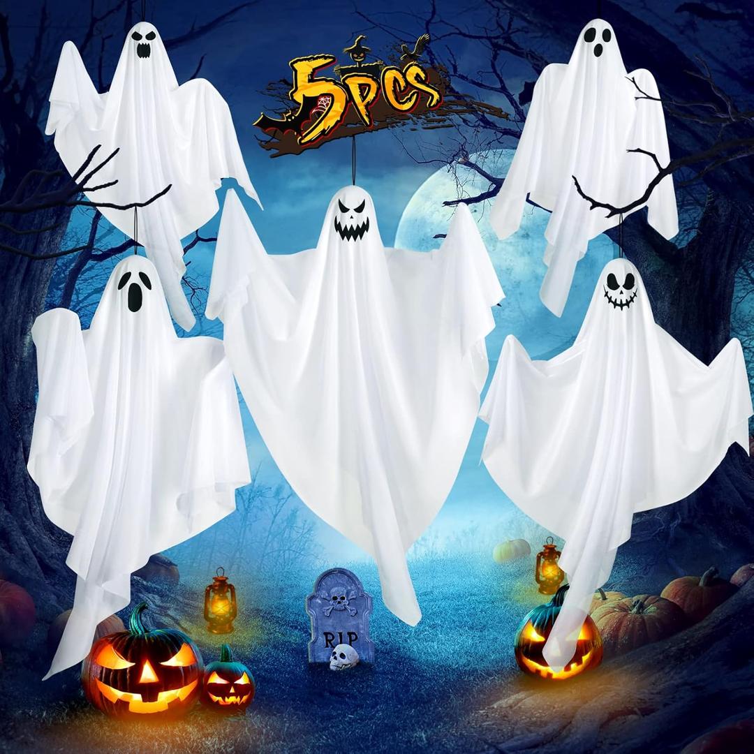 27.5" Hanging Ghosts Halloween Decor - 5 Pack Outdoor Decorations, Cute Flying Party Decorations for Front Porch, Tree, Patio, Yard, Lawn Garden, and Holiday Decor