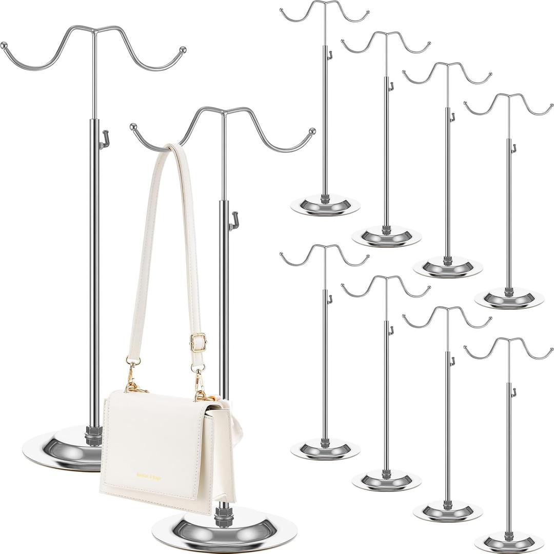 Weysat 10 Pcs Purse Stands for Display Double Hook Handbag Display Stand Adjustable Purse Holder Metal Bag Hanger Bulk for Jewelry Handbags Wig Hat Christmas Wreath Closet Tabletop Boutique (Silver)