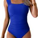 B2prity Womens One Piece Swimsuit Retro Square Neck Tummy Control Bathing Suits Ruched Modest Full Coverage Swimwear Peacock Blue, M