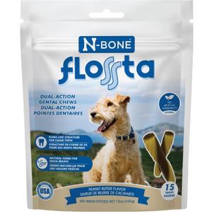N-Bone Flossta Dual Action Dental Chews for Dogs, Unique Twist Shape for Deep Teeth Cleaning and Proactive Dental Care, Peanut Butter Flavor, 15 Count 12-oz Bag (EXP 07/29/27)