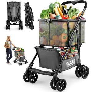 Folding Shopping Cart, 80lbs Collapsible Grocery cart with Removable Basket and 360 Swivel Wheels, Single-hand Fold, Portable Personal Stroller Shopping Cart for Groceries