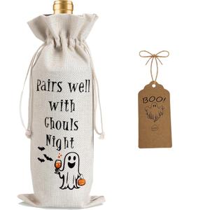 2 x 1Pcs Ghouls Night Gifts Wine Bag,Halloween Wine Bag,Happy Halloween Gifts Party Decorations for Women Menwith 1Pcs Kraft Blessing Cards and natural jute rope