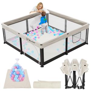 TOREVSIOR Foldable Baby Playpen with Mat, 50"50" Collapsible Play Pen for Babies and Toddlers, Indoor & Outdoor Kids Safety Play Pen, Portable Play Yard, Foldable Baby Playpen with 50 Ocean Balls