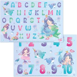 Disposable Placemats for Baby, Toddlers and Kids, 40 Disposable Baby Placemats for Restaurant, Dining Table & Travel, Learning Placemats for Kids, Toddler Travel Essential, Mermaids ABC & Numbers