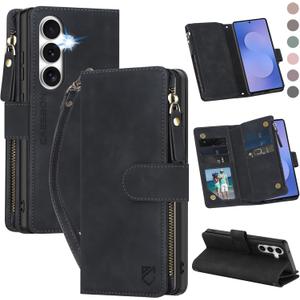 for Samsung Galaxy S25-FE-Wallet Case: with RFID Blocking Card Slots (6 Cards) | Soft PU Leather Magnetic Snap Zipper Pocket | Crossbody Wrist Strap Protective Phone Cover - Black