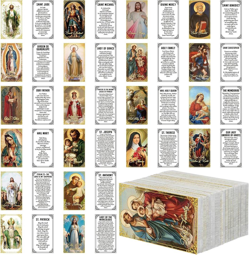 Skyygemm 240 Pcs Catholic Saint Prayer Cards Bulk Gifts Holy Cards Bookmarks Bulk 95cm with Catholic Saints and Prayers Assorted 20 Styles Set Inspirational Christian Gift for Women Men Kids Funeral