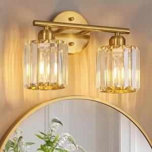 Modern 2 Light Crystal Vanity Light, Brushed Gold Vertical Bathroom Light Fixture Over Mirror for Dressing Table Sink, Compatible with Dimmable Bulbs (Bulbs Not Included)