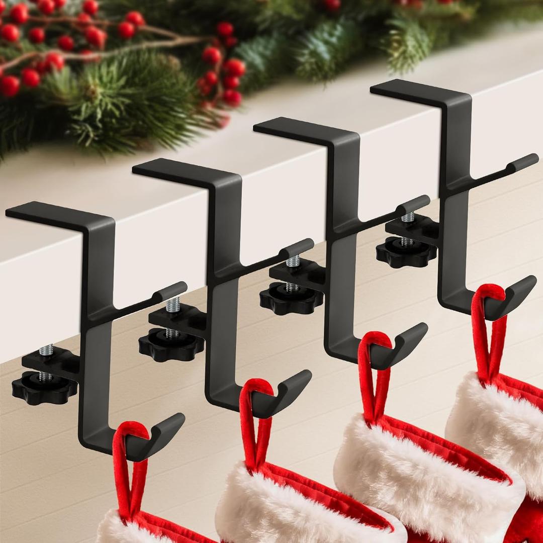 4 Pack Stocking Holders for Mantle for Christmas Decorations,2 in 1 Mantle Garland Holder for Hanging Christmas Stockings, No Drilling Required & Adjustable Garland Hanger, Metal (Black)