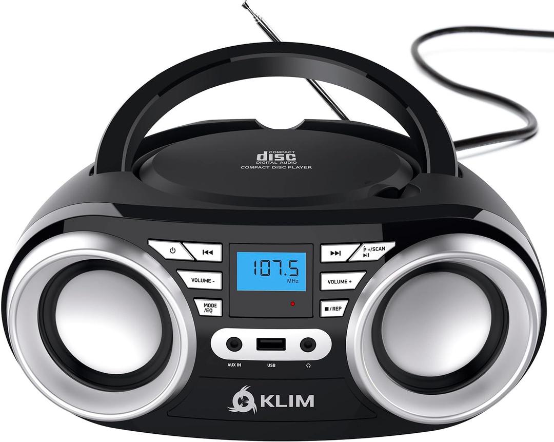 KLIM B3 Portable CD Player Boombox with FM Radio, Bluetooth, USB, AUX, and FM Radio Dual Speakers, EQ Sound Effects, 20 Preset Stations, Compact and Lightweight (Black No RGB)