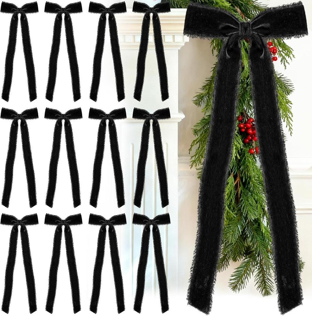 20 Pcs Black Large Velvet Christmas Bows 4.7" x 11" Big Pre Tied Handmade Fringe Velvet Ribbon Bows 1" Wide Rustic Crafts Gift-Bows with Twist Tie for Gift Wrapping Christmas Decor