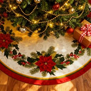 Jenaai Christmas Tree Skirt 36 Inch, Red and Green Poinsettia Xmas Tree Mat with Holly Flower Classical Vintage Design for Home Christmas Decorations Holiday Party Indoor Outdoor Decor