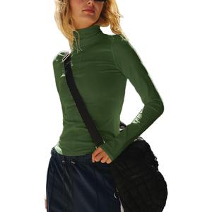 Womens Long Sleeve Turtleneck Shirt Crop Basic Tops Slim Fitted Top Going Out Y2K T Shirts (Green, XS)