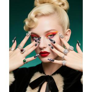 2 x Gothic Press On Nails with Bow & Skull - Handmade Black Pink French Tip Fake Nails | Rhinestone Jelly Glue Reusable 3D Nails for Women (Black Pink, XS)