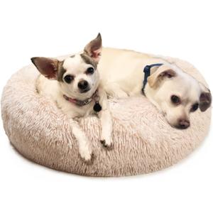 nononfish Doggy beds for Medium Dogs Washable Medium Sized Dog Bed Beige 30 inches Round Dog Beds for Medium Dogs and Cats with Faux Fur Fluffy Self Warming