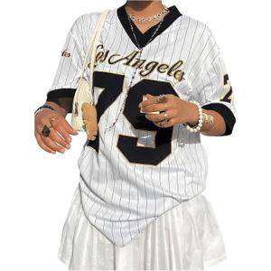 Verdusa Women's Jersey Shirts for Women Y2k Oversized Plus T Shirt Striped Number Graphic Tees Streetwear Tops (3X-Large Plus, Black and White)