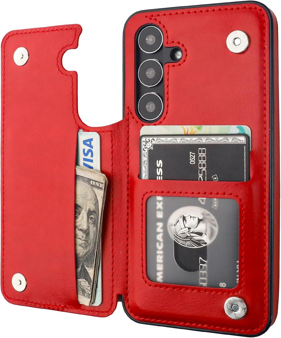 ONETOP Compatible with Samsung Galaxy S24 Wallet Case with Card Holder, PU Leather Kickstand Card Slots Case, Double Magnetic Clasp and Durable Shockproof Cover 5G 6.2 Inch(Red)