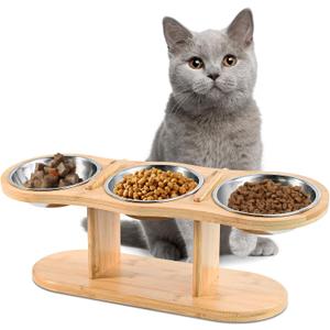 Elevated Cat Bowls - 3 Stainless Steel Cat Bowls with 15 Tilted Bamboo Stand for Indoor Cats, Small Dogs and Puppy