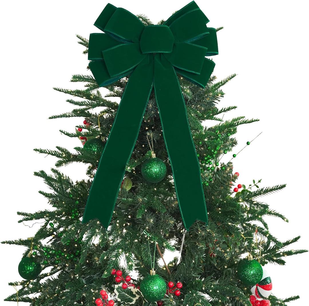 13" Green Bow Pre-Tied Bow for Christmas Tree, Dark Green Velvet Ribbon Bow for Wreaths, Tree Toppers Bow, Premade Bow, Gift Bow for Party Favor, Christmas Home Indoor Outdoor Decor-1 Counts