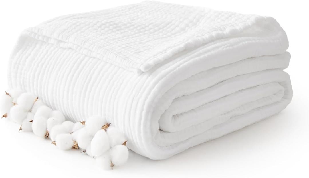 100% Cotton Muslin Blanket 50" x 60", Breathable and Lightweight Cotton Throw Blankets for Couch, Soft Cooling Summer Gauze Blanket for Adults All Season, White