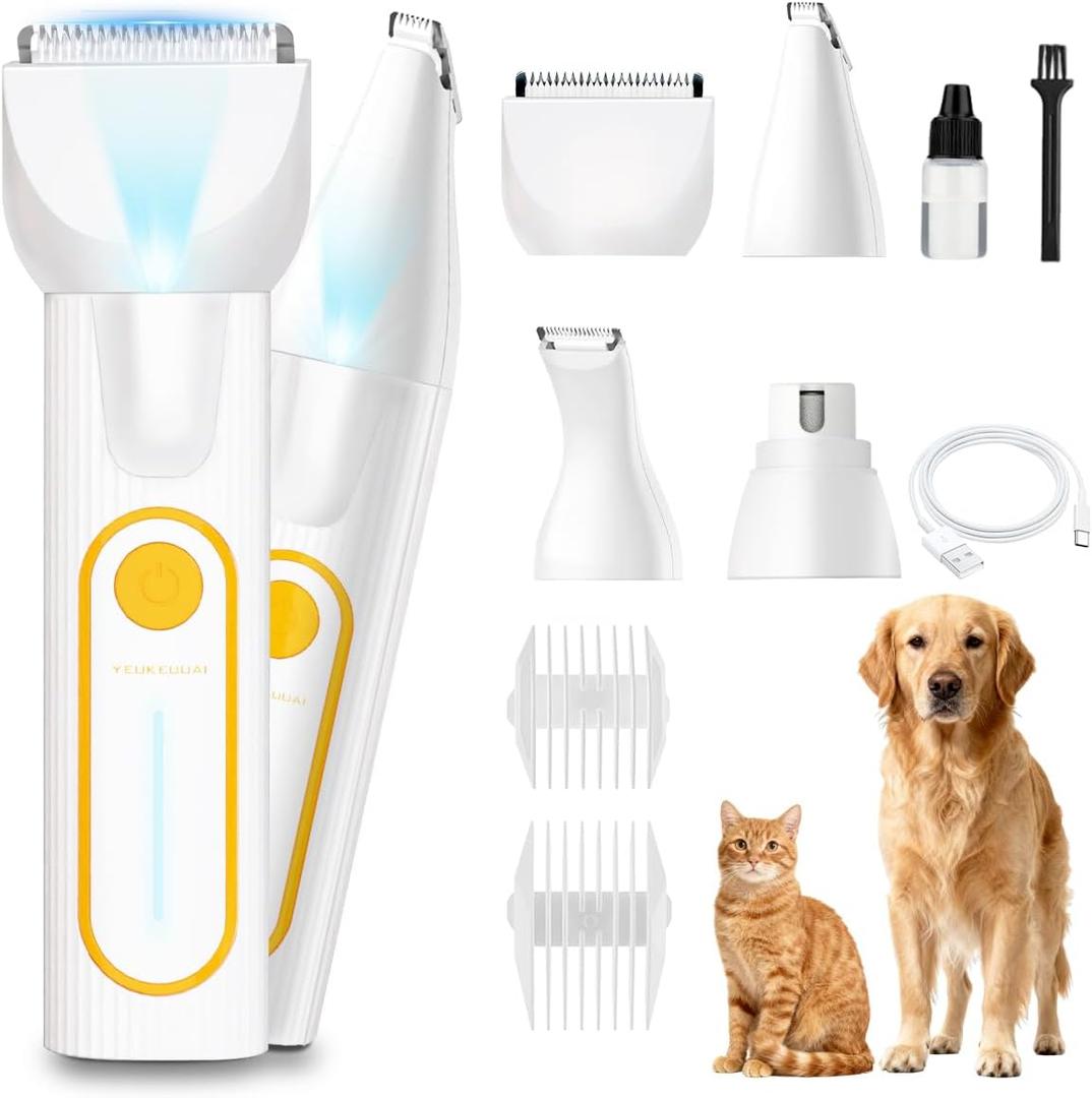 Dog Paw Trimmer, Low Noise Paw Hair Trimmer for Dogs with LED Light Wireless Pet Shaver, Suitable for Claws, Ears, Face, HIPS and Eyes(Orange) (White, 4-in-1)
