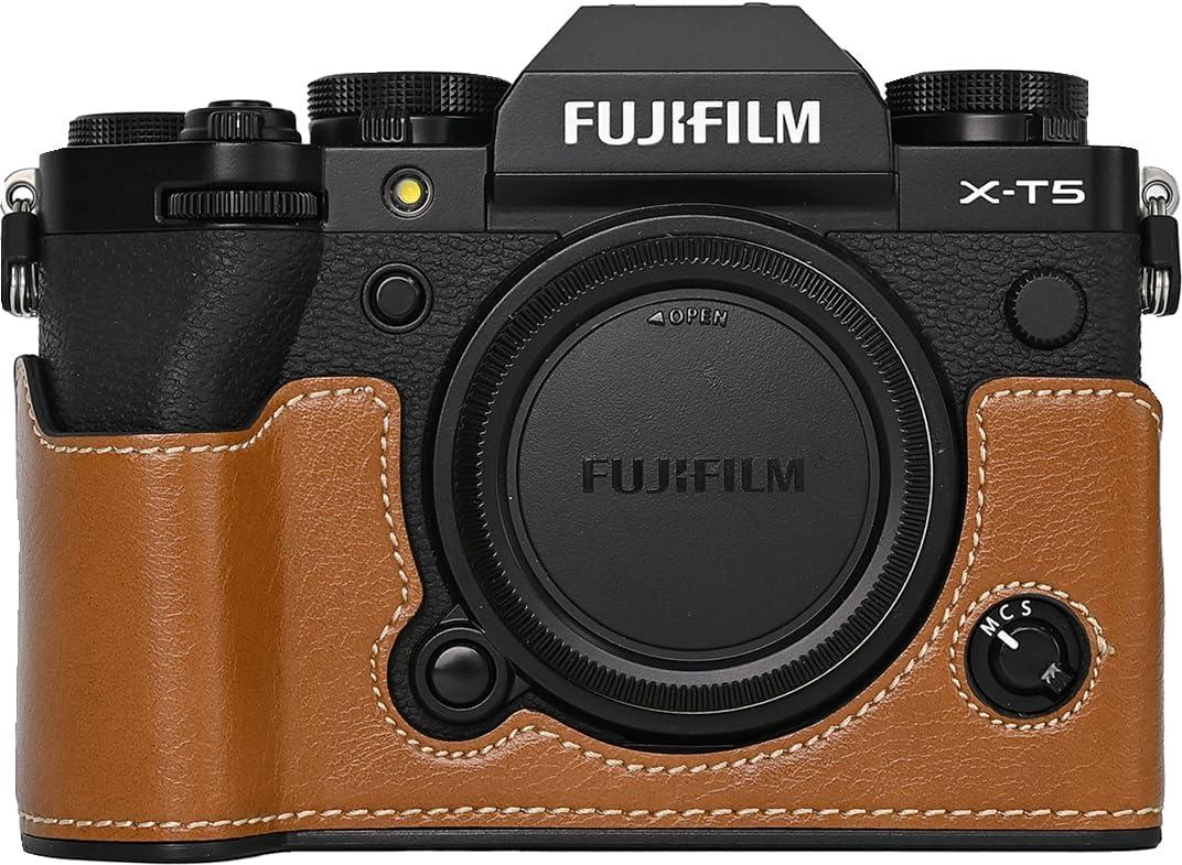 X-T5 Case, BMAOLLONGB Handmade PU Leather Half Camera Case Bag Cover Bottom Opening Version for Fujifilm X-T5 XT5 with Neck Strap Mini Storage Bag (Brown)