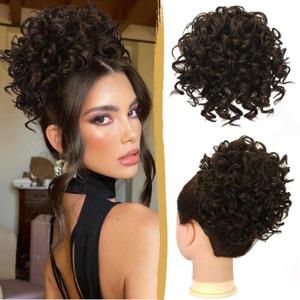 PEACOCO Messy Bun Short Curly Ponytail Extension Elastic Drawstring Loose Hair Bun Hair Pieces for Women High Temperature Synthetic Fiber Bun Extension 80g (Dark Brown)