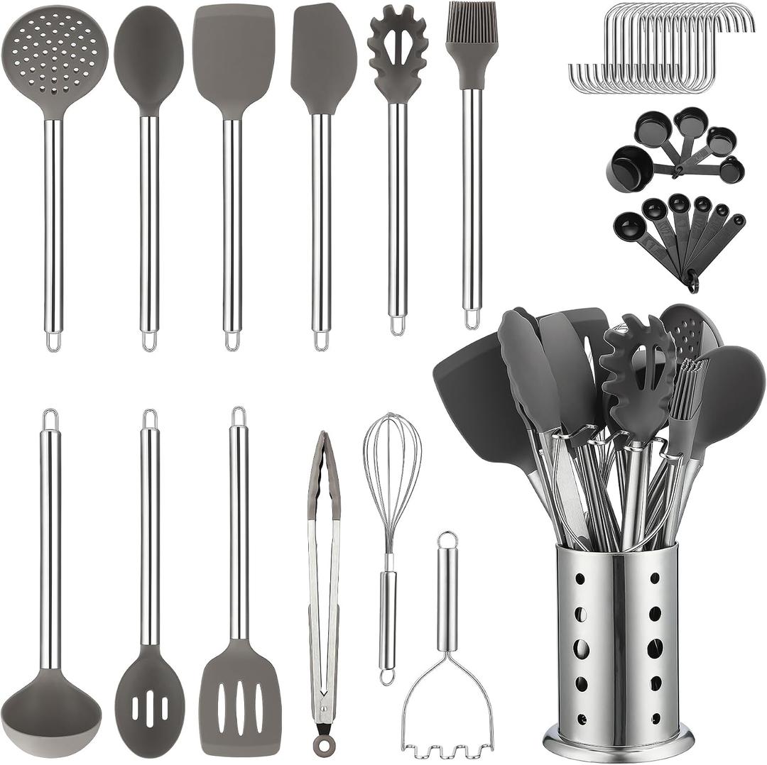 Kitchen Utensils Set, Kyraton 38 Pieces Non-Stick Silicone Cooking Utensils Set, Spoon Spatula Set with Sturdy Stainless Steel Utensil Holder, Dishwasher Safe, Medium, Small