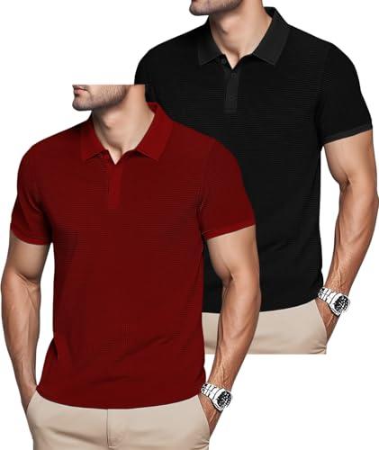 TAFLE Mens Polo Shirts 2 Pack Breathable Short Sleeve Golf Shirt Casual Button Down Shirt Lightweight Collared Waffle Shirts, XXL