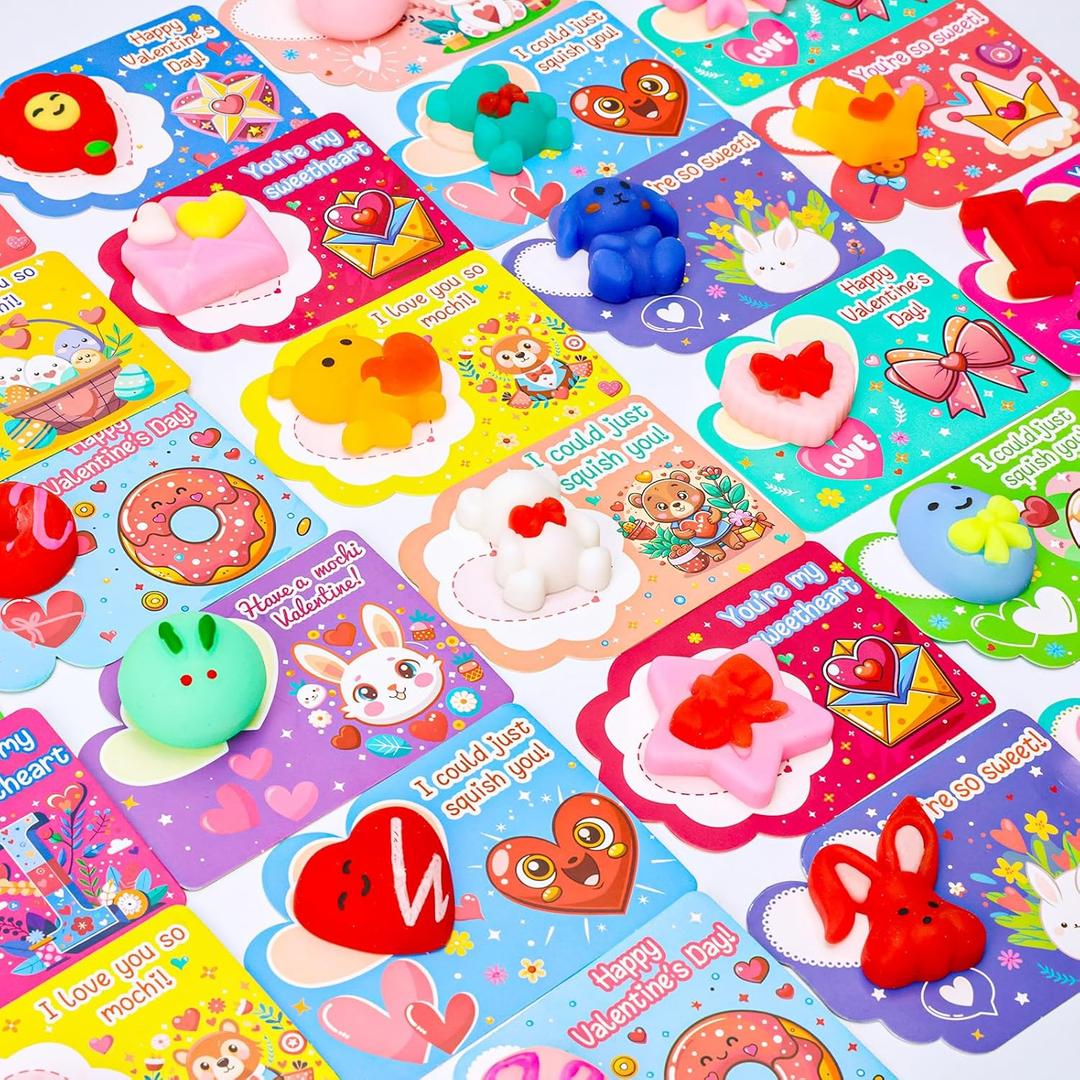 MGparty 32 Pack Valentine Mochi Squishies Toys with Gifts Cards Kawaii Mochi Valentines for Kids Stress Relief Fidget Toys Classroom Exchange Prizes School Party Favors for Girls Boys