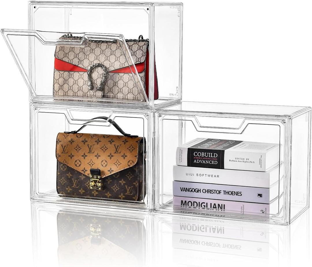 Purse Organizer for Closet,Clear Acrylic Display Case for Handbag Organizer, Purse Storage Box with Magnetic Door, Plastic Storage Bins for Book, Collectibles, Cosmetic (3 Pack)