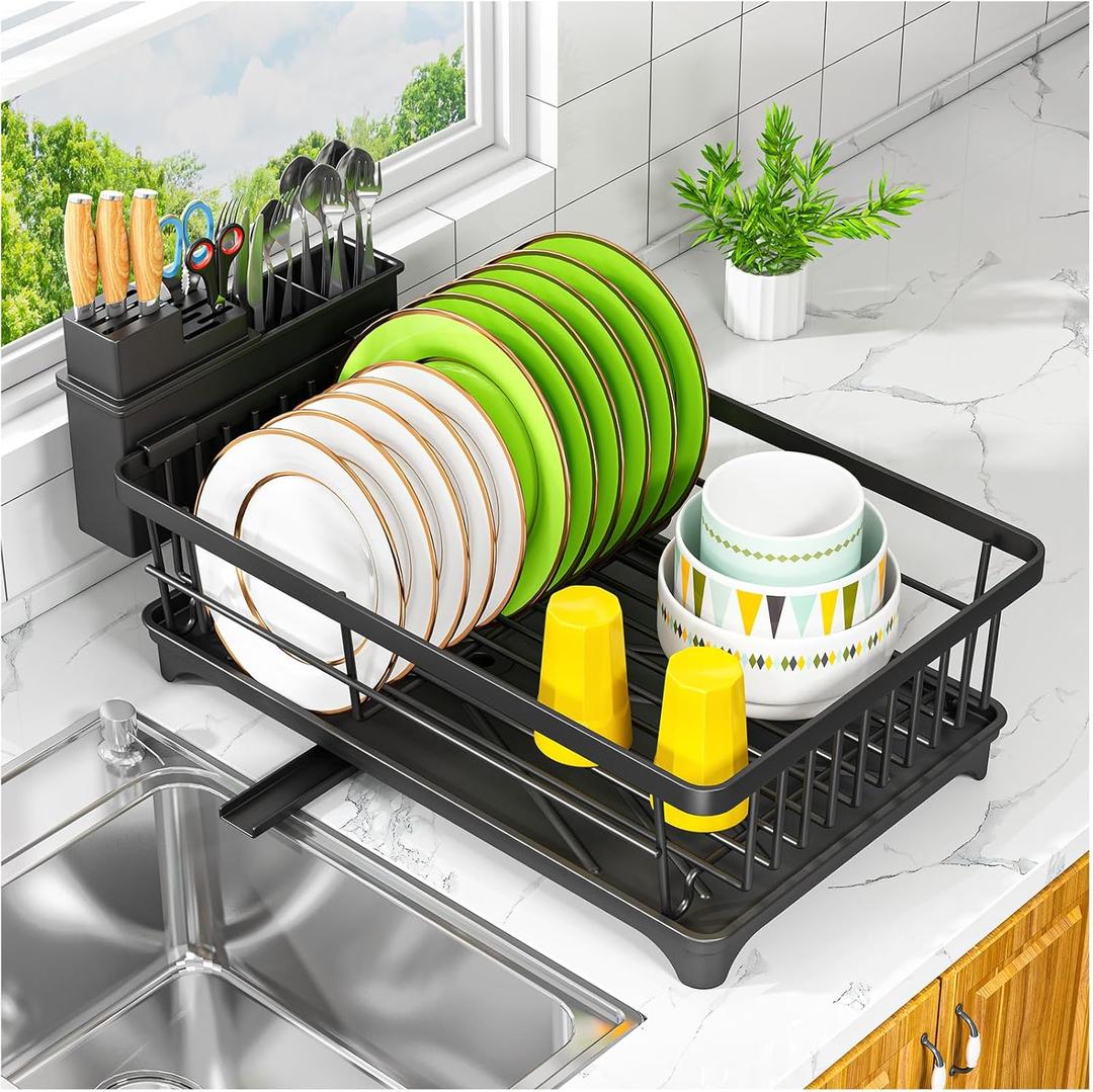 Kmiectse Dish Drying Rack Space Saving Small Dish Rack for Kitchen Counter, Rust Resistant Kitchen Drying Rack, Compact Dish Drainer Organizer with Utensil Holder for Home Kitchen, Black