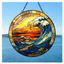 Stained Glass Suncatcher, Handcrafted Window Panel, Coastal Ocean Wave Decor,9.8-Inch Sun Catcher for Window, Wall Art, Housewarming Gifts for Art & Nature Enthusiasts