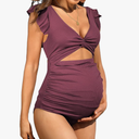 Charmo Womens Maternity One Piece Swimsuit Cute Ruffle Tie Knot Pregnancy Bathing Suit High Waisted Ruched Maternity Swimwear Red, M