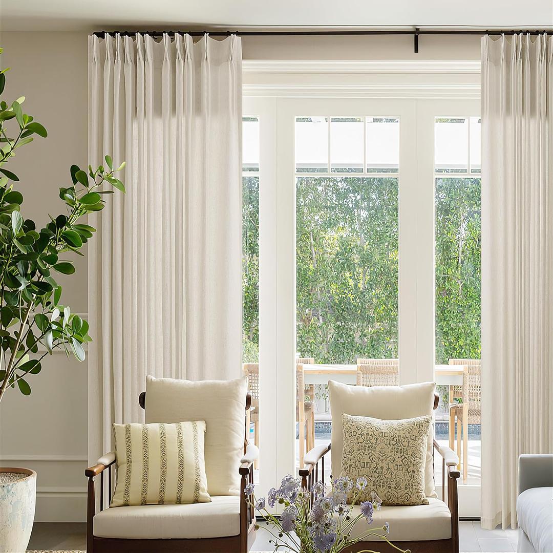Greige Linen 102 Inch Curtains 72 Inch Wide for Living Room Privacy Pinch Pleated Drapes with Hooks Rings Back Tab Light Filtering Semi Sheer Extra Wide Curtains for Patio Balcony Oatmeal 72x102