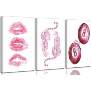 3Pcs Trendy Pink Leopard Canvas Wall Art Funky Retro Fashion Cheetah Kiss Lips Lucky 8 Ball Aesthetic Painting Pictures Wall Decor Poster Prints Artwork for Girls Dorm Living Room Bedroom