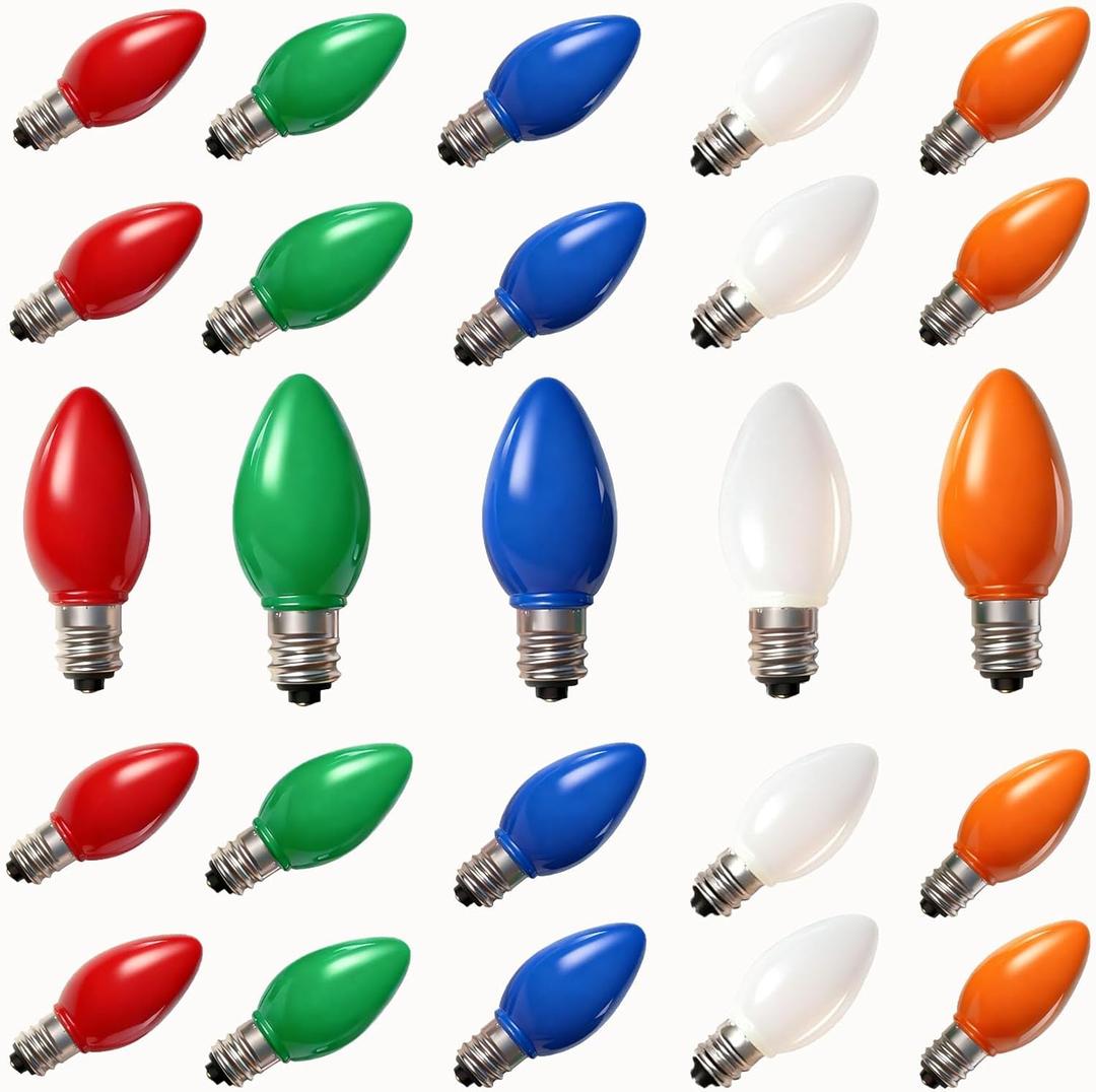 25 Pack C7 LED Multicolor Replacement Bulbs, Christmas Multicolor Ceramic LED Light Bulbs Vintage Light Bulbs for Christmas Indoor Outdoor String Lights, E12/C7 Candelabra Base, 0.6 Watt