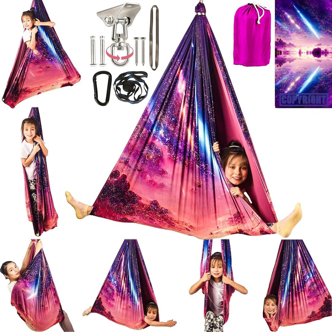 Double Layer Sensory Swing for Kids & Adults Holds up to 300lbs Indoor and Outdoor Therapy Cuddle Swing with 360 Swivel Hanger Kit Adjustable with Aspergers Autism ADHD (Fantasy Pink)