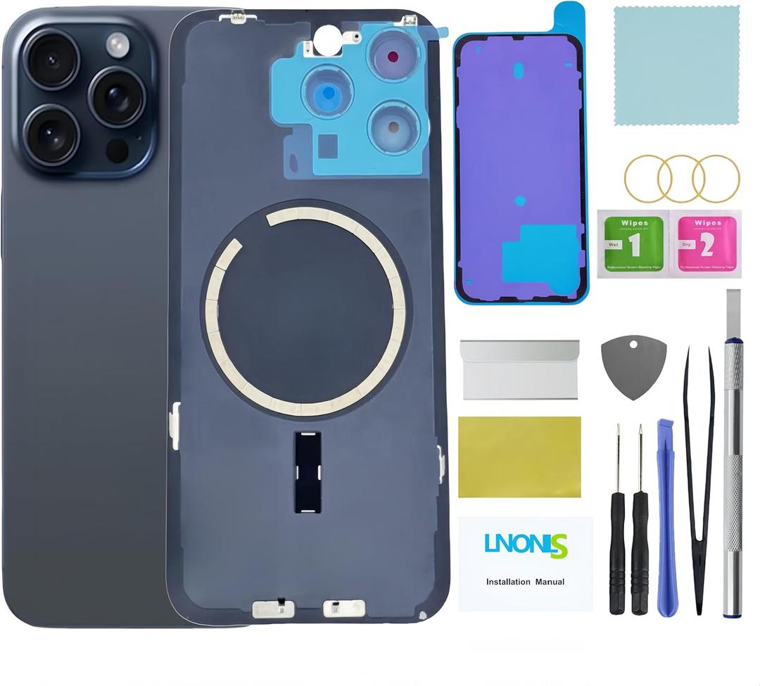 15 Pro Max Back Glass Replacement for iPhone 15 Pro Max Rear Back Cover Glass Waterproof and Camera Lens+Professional Repair Tool Kit (Blue Titanium)