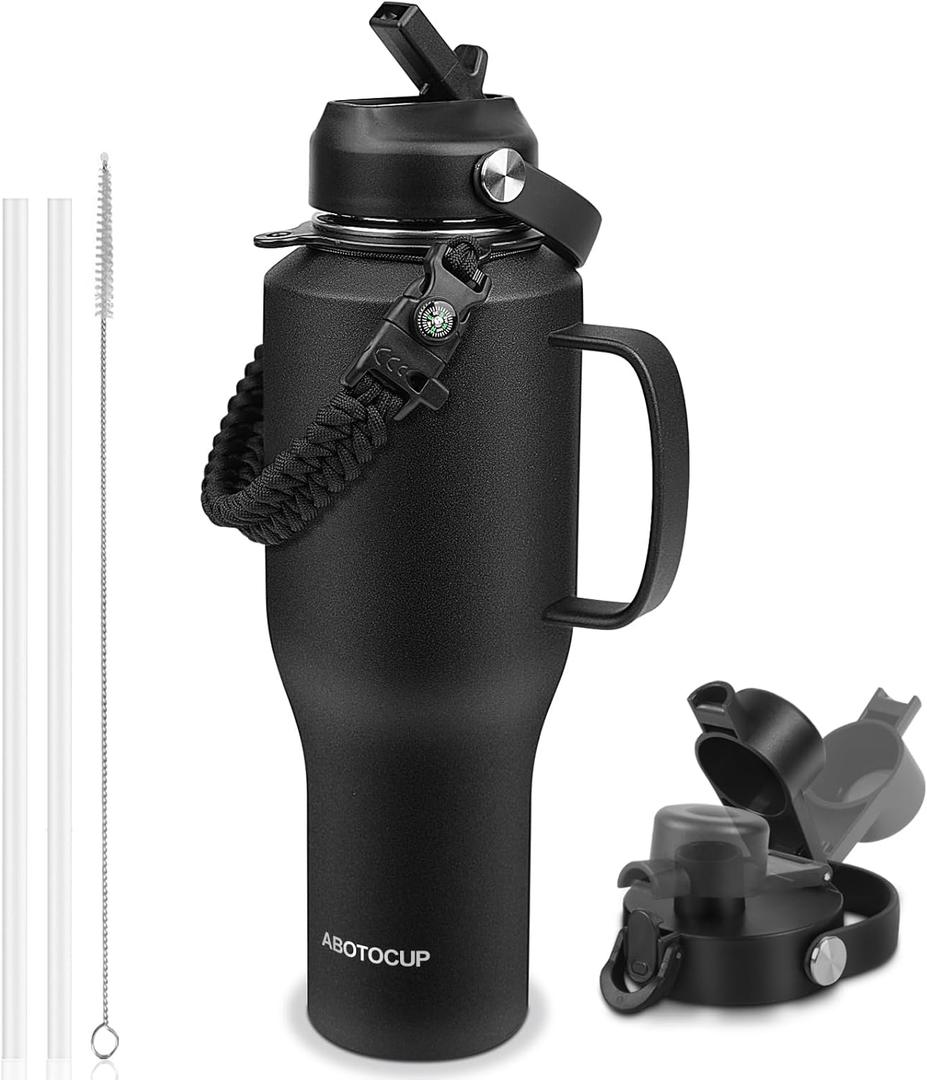 Water Bottle 40oz, Insulated Water Bottle with Handle & Straw Lids, Stainless Steel Water Bottles Fits in Any Car Cup Holder, Travel Cup Double Wall BPA-Free Leak-proof to Keep Cold &Hot (Black)