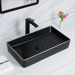 Davivy 23.6'' X 13.4'' Matte Black Vessel Sink with Pop Up Drain,Black Bathroom Vessel Sinks with Gold Trim, Rectangle Bathroom Above Counter,Countertop Bathroom Ceramic Vessel Sinks for Bathrooms