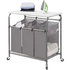 STORAGE MANIAC 3-Section Laundry Sorter with Foldable Ironing Board, Heavy-Duty Rolling Laundry Cart with and Removable Bags, Triple Laundry Hamper with Wheels, Dark Grey