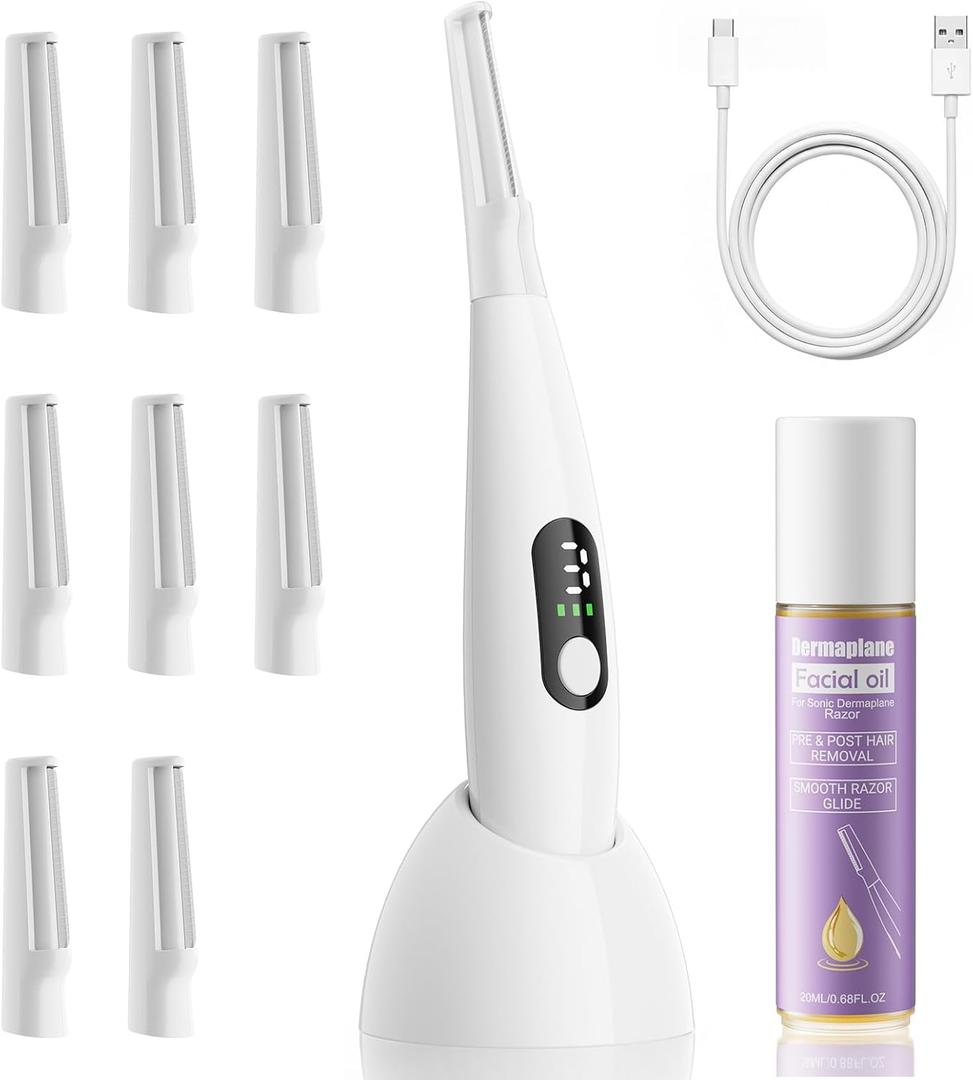 Sonic Dermaplane Razor for Women Face, Rechargeable Dermaplaning Tool with 8 Dermaplaning Blades and Facial Oil, 3 Speeds for Peach Fuzz Removal and Facial Exfoliation