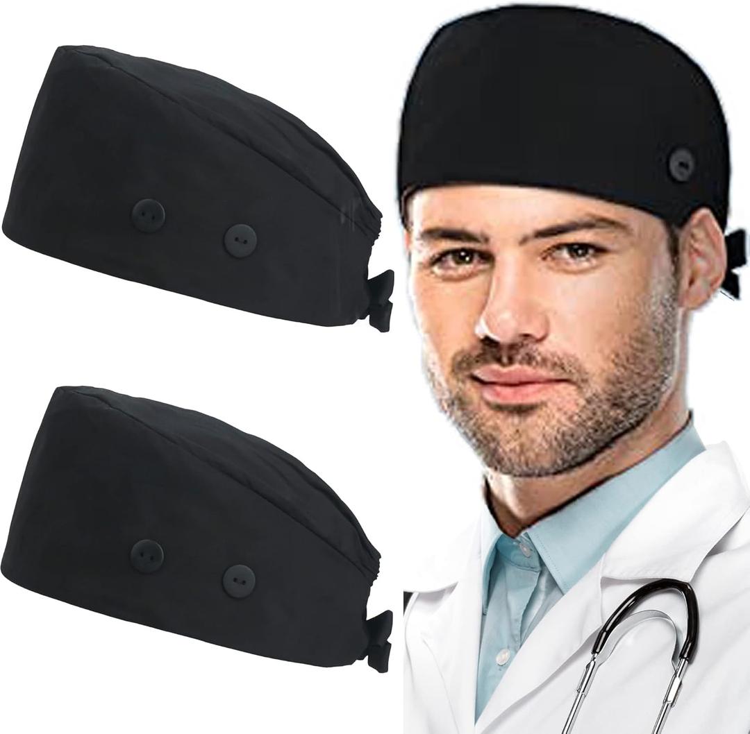 ABAMERICA Working Caps with Button and Sweatband, Adjustable Working Hats for Women Men, One Size(Tie Back or Toggle) (Black)