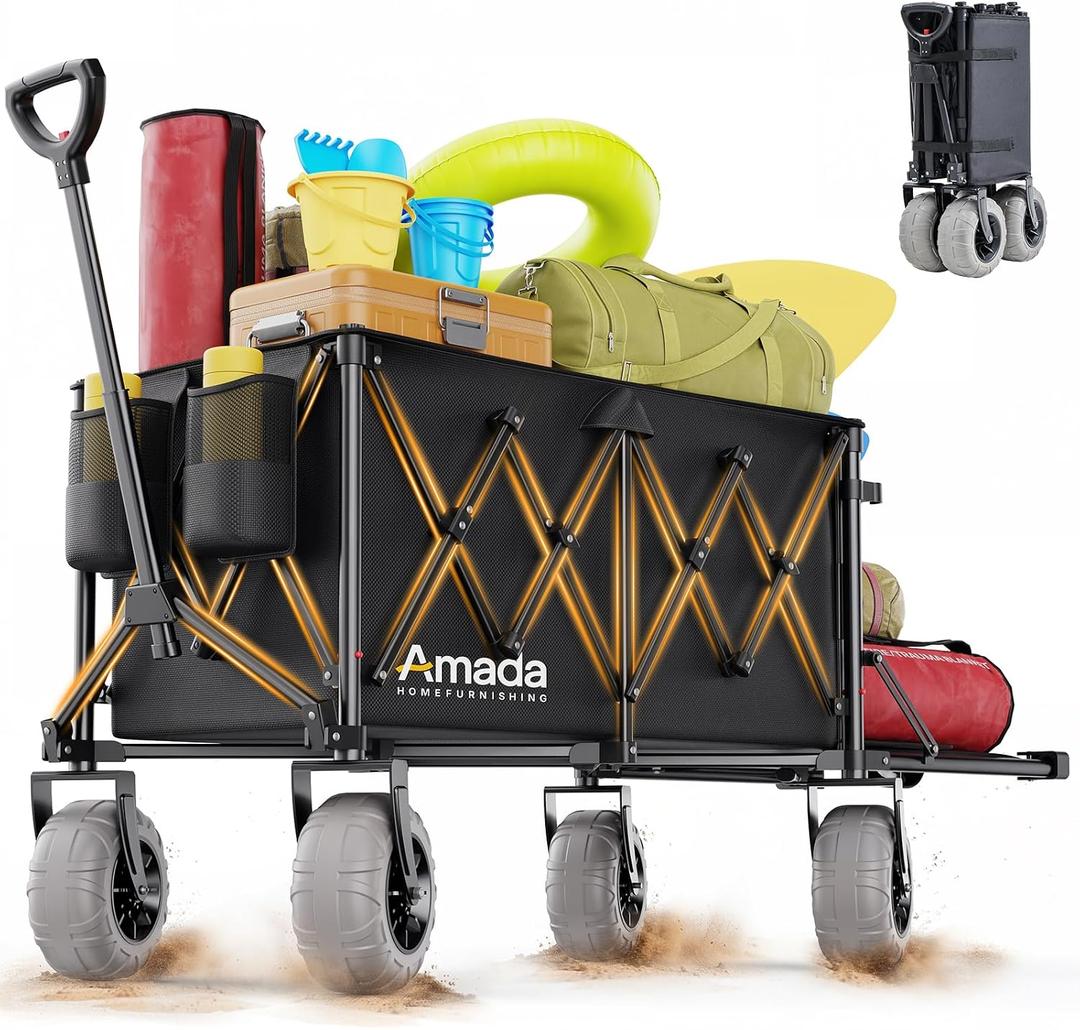 Beach Wagon with Big Wheels for Sand, 260L Capacity, Heavy Duty All-Terrain Folding Wagon with Expandable Rear, Durable Carbon Steel Frame & Big 8.3" Wheels for Beach, Outdoor & Camping Activities