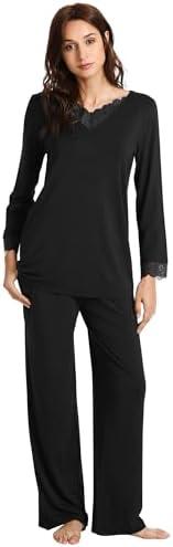 WiWi Bamboo Viscose Pajamas for Women Set 2 Piece Lace Trim Long Sleeve Womens Pajama Sets Plus Size Pjs with Pockets Size 3X