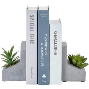 MyGift Decorative Bookends for Heavy Books, Book Ends with Planted Artificial Succulent Plants, Book Stands for Shelves Desktop, 1 Pair, L-Shaped Concrete