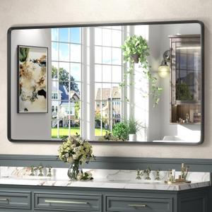 55x30 Black Matte Mirror for Bathroom, Black Metal Framed Rectangle Vanity Mirror, Large Rounded Mirror for Bathroom, Anti-Rust, Shatterproof (Horizontal/Vertical)