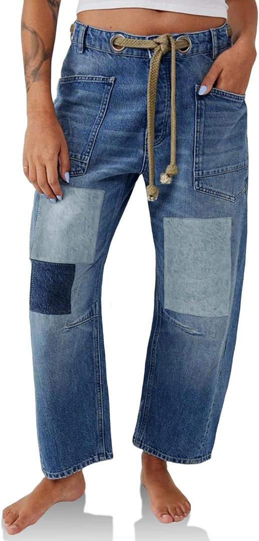 PLNOTME Womens Baggy Barrel Horseshoe Jeans Wide Leg Patchwork Low Rise Denim Pants with Pockets, Blue, 14